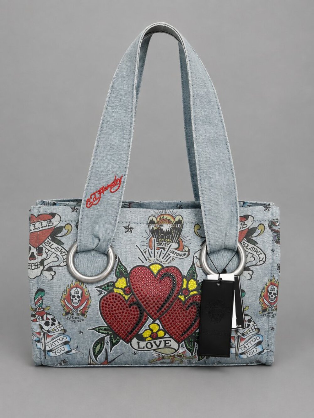 Ed Hardy Women's Tattoo Graphic Handbag Blue Denim Rhinestone Hearts Tote Bag